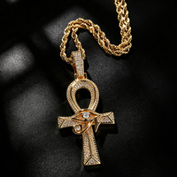 Collier Pendentif Œil d'Horus et Croix Ankh Iced Out en Laiton avec Zircon Cubique, Chaîne Cordon Dorée et Argentée, Bijoux Hip Hop pour Hommes et Femmes, Cadeau