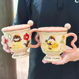Mug en céramique avec couvercle et cuillère, motif dessin animé, pour femmes, usage domestique et bureau, collection Printemps 2025, HY-009 - Product Image 2