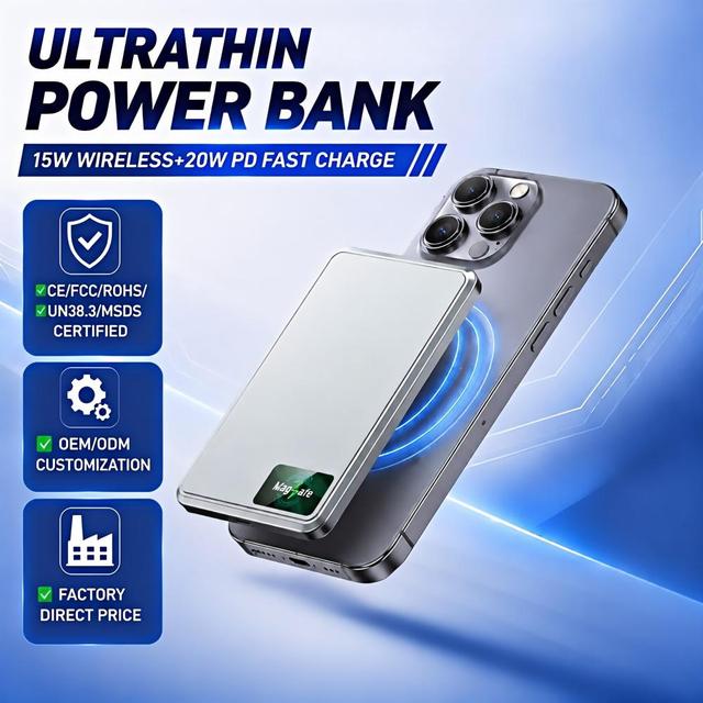 Ultra Thin Magnetic Wireless Power Bank 15W 20W PD Fast Charge 5000mAh 10000mAh Waterproof Holder Portable Aluminum Alloy 2-in-1