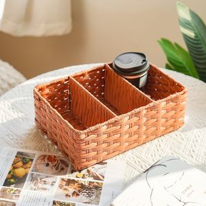 Rattan Storage Basket 3 Compartment Rectangle Eco Friendly Living Room Desktop Organizer - Product Image 1