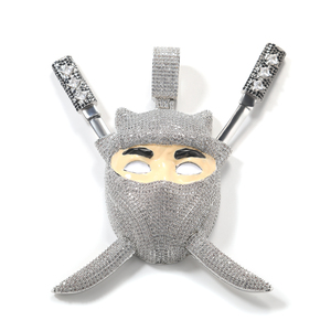 Collier pendentif Ninja personnalisé de luxe, style Hip Hop, avec <span class=keywords><strong>épée</strong></span> amovible, serti de gros zircons cubiques et émail, pour hommes - Product Image 2
