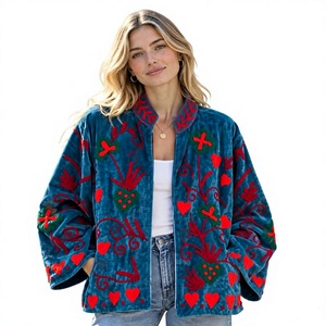 <b>Women's</b> Blue <b>Velvet</b> Embroidered Jacket Boho Stand Collar <b>Coat</b> Floral Zipper Outerwear Trendy <b>Velvet</b> <b>Women</b> Embroidered Jacket - Product Image 1
