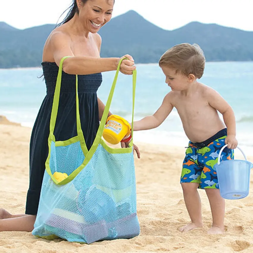 Large Foldable Polyester Mesh Beach Tote Bag Seashell Bag for Holding Shells Beach Toys Swimming Accessories Collecting Bag