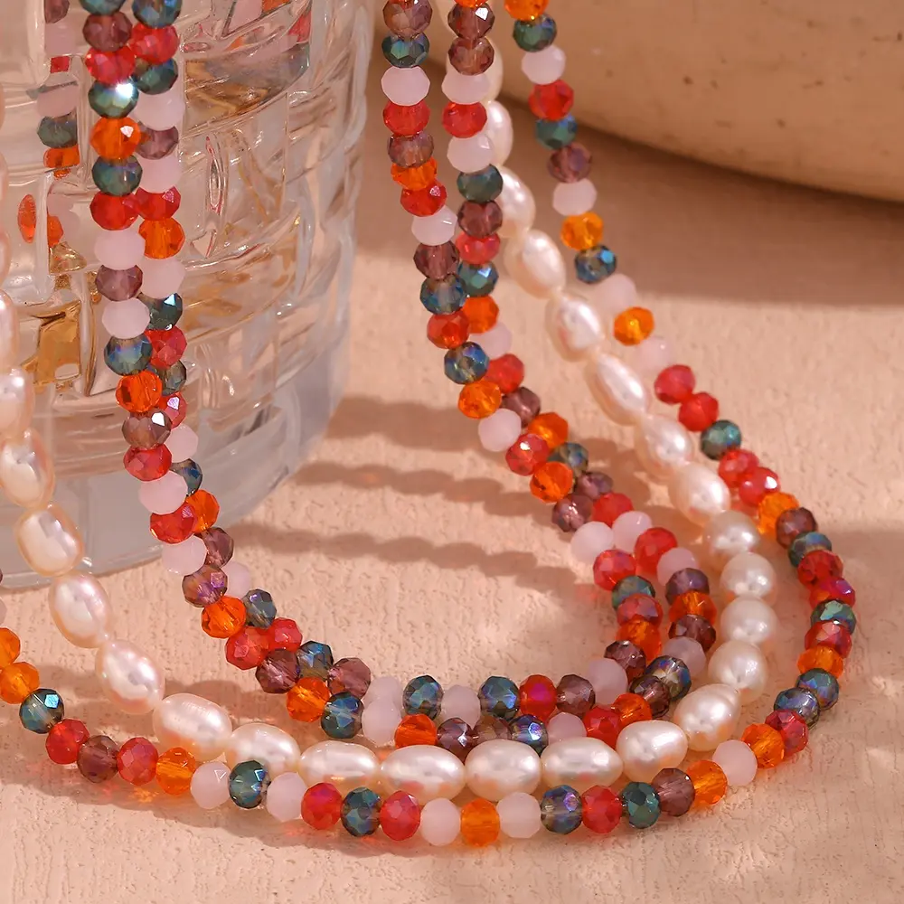 Perle d'eau douce Double couche perles collier coloré cristal verre perle collier joyeria de acero inoxidable