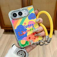 Étui en cuir avec cadre électroplaqué tendance pour iPhone Duo 18, étui pliable pour téléphone avec bracelet et cordon, motif de peinture à l'huile de dessin animé