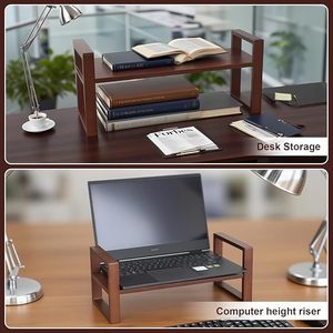 Organizador de escritorio de madera de dos niveles, estante de almacenamiento de 2 capas para la organización del escritorio de oficina - Product Image 1