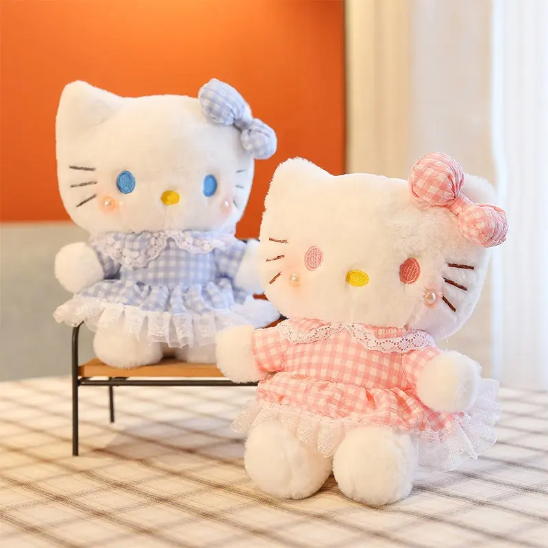 Barato al por mayor famoso popular Anime personaje de dibujos animados muñecas azul Rosa falda Hello Cat gatito juguetes de peluche para niñas