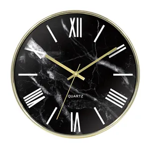 Classic Black Marble Clock Face Design With Roman Number Home Decoration Plastic Modern Wall Clock