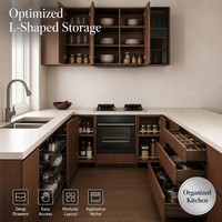 Évier de cuisine en acier inoxydable en forme de L, avec robinet intégré, plan de travail en marbre, finition moderne en grain de bois, personnalisable B2B