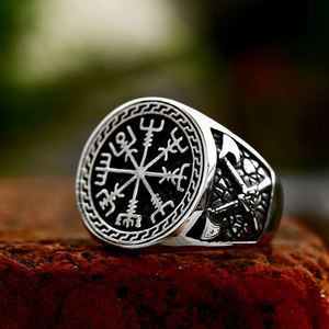 Bague en acier inoxydable couleur or avec boussole viking et runes, style hip-hop Europe et Amérique, accessoires de mode pour hommes - Product Image 3