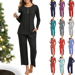 Ensemble de pyjama deux pièces en coton doux et élastique pour femme, idéal pour l'hiver, avec manches longues et poches, pour la maison - Product Image 3