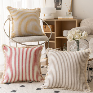 Cotton Linen Striped <b>Throw</b> Pillows Square With Tassel Edges Decorative <b>Sofa</b> Cushions <b>For</b> Home Living Room Bedroom - Product Image 1