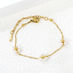 Stainless Steel Jewelry <b>Pearl</b> <b>Bracelet</b> Women Charm 18K Gold Plated Beaded Chain Sunflower Minimalist Design 3 Flower <b>Bracelet</b> - Product Image 1