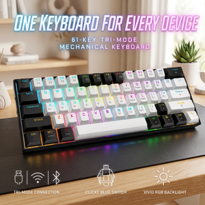 Clavier mécanique 61 touches compact 60 %, triple mode USB Type C filaire, sans fil 2,4 G, rétroéclairage RGB, interrupteurs bleus - Product Image 1