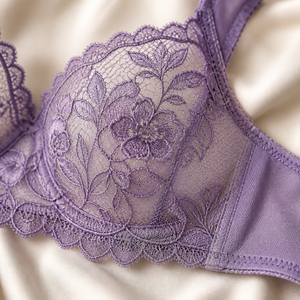 Conjunto de lencería de encaje transparente con aros y copa completa para mujer, color lavanda, con bordado, transpirable, soporte para busto grande, romántico - Product Image 5
