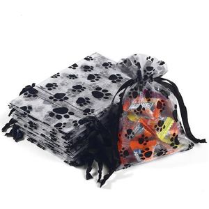 Sacs en organza à motif de pattes de chien noir mignonnes, 13x18cm, pochettes réutilisables à cordon pour bonbons, bijoux, cadeaux de fête pour animaux de compagnie - Product Image 1