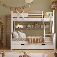 Lit superposé en bois de pin écologique pour enfants, en forme de maison, avec toboggan, design maisonnette pour la chambre des garçons et des filles