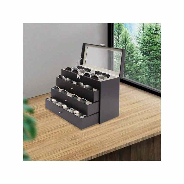 4-Layer Black Carbon Fiber PU Watch Display Box Eyeglass Organizer Case Clear Glass Top Lockable Drawers for Sun-Glasses Storage