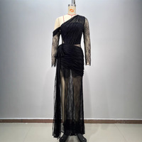 Nouvelle Robe Longue de Soirée Noire en Dentelle Transparente Amincissante avec Fente et Épaules Dénudées pour l'Exportation