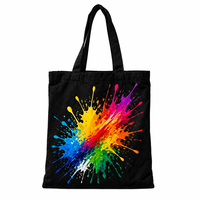 Sac fourre-tout en toile noire avec logo personnalisé, éclaboussures de peinture colorées, sac de shopping réutilisable en coton, sac à main écologique, sacs à bandoulière