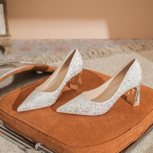 7777F Women's <b>Glitter</b> Pumps Pointed Toe <b>Block</b> <b>Heel</b> High <b>Heel</b> Silver Formal Shoes Size 35 36 37 38 39 40 - Product Image 1