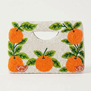 Pochette artisanale à motif orange perlé avec poignée, forme rectangulaire, perles de verre, design artisanal - Product Image 1