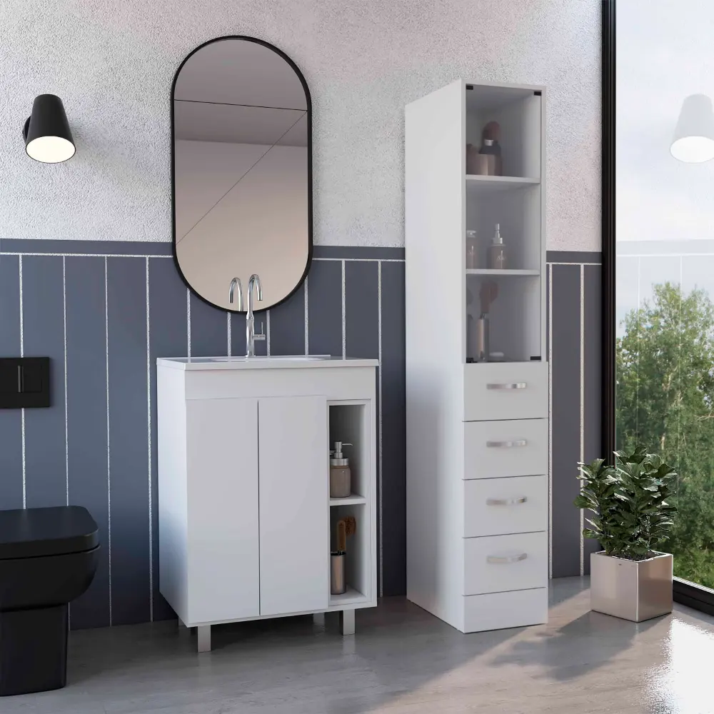 24 Zoll 60 Zentimeter weiße moderne Badezimmer-Einwaschtisch mit seitlichem hohem Schrank und Keramikbecken zu verkaufen
