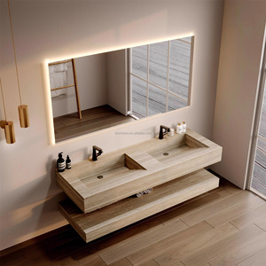 Lavabo double moderne de qualité hôtelière avec vasque rectangulaire en pierre, miroir LED résistant à l'eau, fixation murale classique - Product Image 1