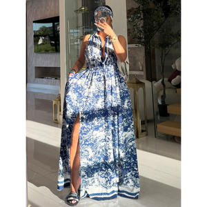 Robe longue maxi fluide à boutons avec ceinture, nouvelle robe bohème imprimée pour femmes, taille <span class=keywords><strong>S</strong></span> à 2XL, sexy, avec fente haute - Product Image 2