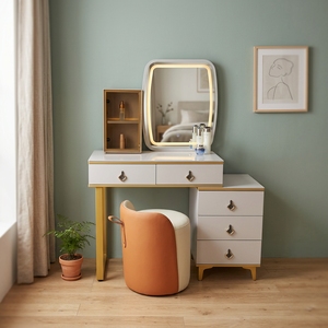 Modern <b>Makeup</b> Vanity Table with Lighted Oval <b>Mirror</b> and Storage Drawers for Bedroom Furniture - Product Image 2