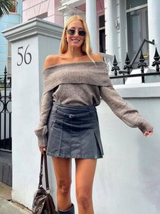 2025 nouveauté Vintage Sexy une ligne épaule à manches longues <span class=keywords><strong>pull</strong></span> femme paresseux ample couleur unie <span class=keywords><strong>pull</strong></span> haut - Product Image 5