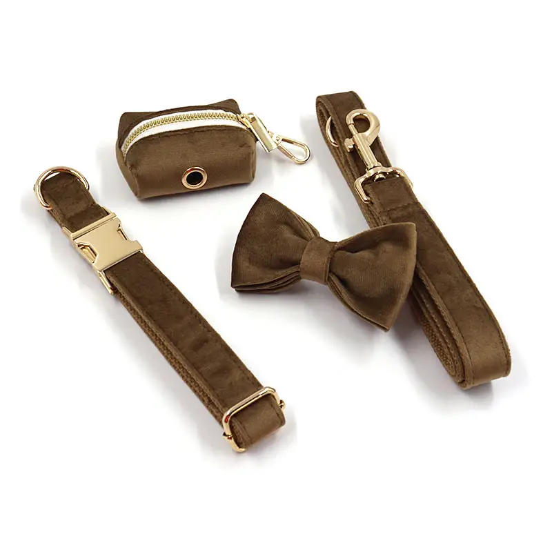 New arrive modern style novel design brown velvet collar and leash for dogs luxury brown velvet harness with bow poo bag holder