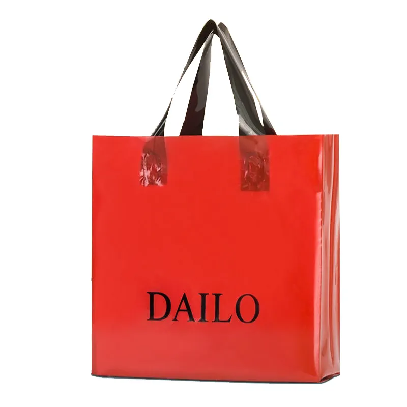 Christmas low moq wholesale red print logo waterproof modern fashion packaging gift makeup big plastic reusable shopping bag