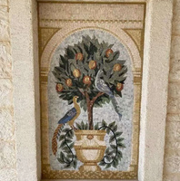 Mosaïque murale 100 % artisanale en marbre, motif végétal (arbre, fleur) pour décoration murale et crédence