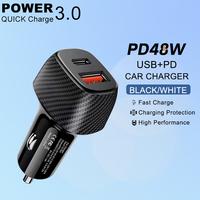 Pengisi Daya Mobil Tekstur Serat 48W PD + QC3.0 Adaptor Pemantik Mobil Pengisian Cepat Port Ganda 2-in-1 USB C untuk iPhone Android