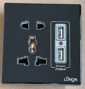 2023 Black glass 2 Gang 2 & 3 Pins Universal Switched Socket with Indicator and 2 USB Port