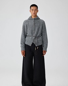 Cárdigan con capucha personalizado de punto Mohair para hombre, suéter <span class=keywords><strong>gris</strong></span> de un solo botón y sudaderas con capucha ajustadas - Product Image 3