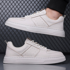Men's White <b>Sneakers</b> Top Grain Cowhide <b>Leather</b> Low Heel Breathable Office Casual Wear - Product Image 3