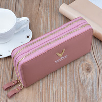 Dompet Panjang Wanita Kapasitas Besar dengan Ritsleting Ganda Pola Berbintik Sederhana Tas Ponsel Dua Lapis Bahan Poliester/PU-Baru