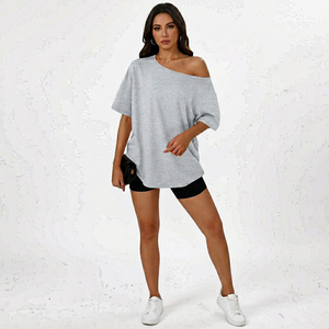 T-shirt d'été en coton tricoté pour femme, col en V, coupe classique, manches courtes, épaules dénudées, couleur unie, respirant, décontracté - Product Image 1