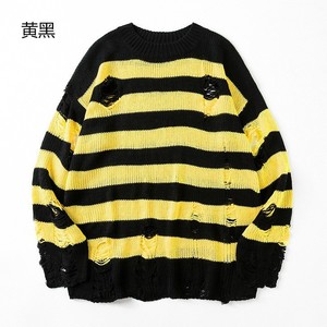 Màu Đen Đỏ Sọc Quá Khổ Crew Cổ Áo Len Rửa Rửa Bị Phá Hoại Ripped Knit Jumper Lỗ Harajuku Phong Cách Cho Nam Giới Phụ Nữ Mùa Đông - Product Image 3