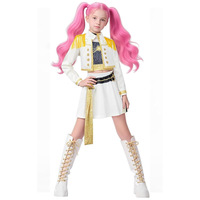 Costume de chasseuse de démons pour filles, tenue de chanteuse pop, ensemble de performance, garniture blanche et dorée, cheveux inclus, sous licence, marque privée, en stock