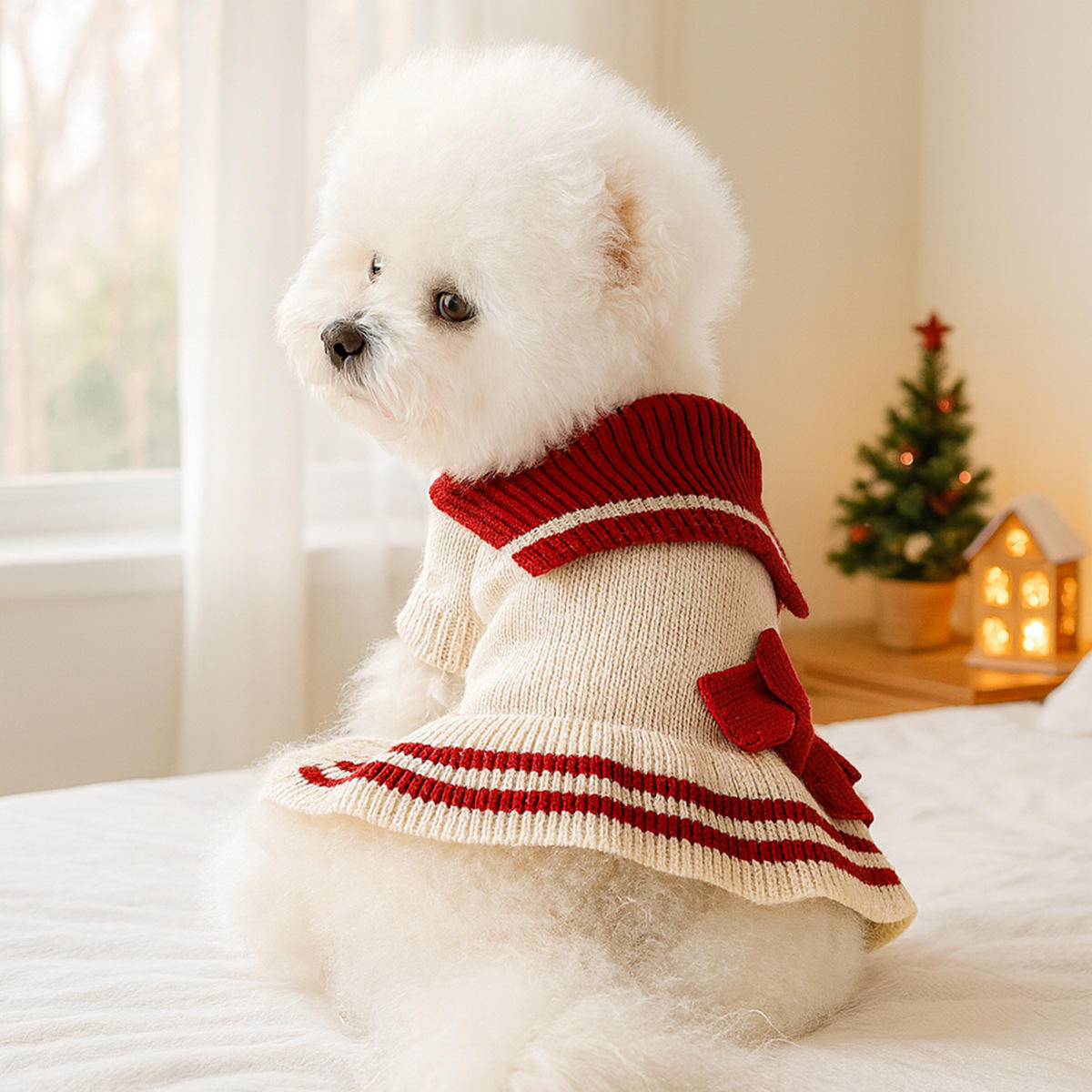 Beige woolen skirt - burgundy stripe