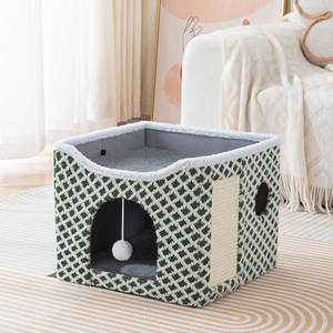 Maison pliable pour chat, lit en peluche pour animaux de compagnie avec griffoir, abri pour chat d'intérieur à 2 niveaux, utilisation hivernale - Product Image 2