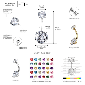 Piercing corporel en titane ASTM F136 14G avec incrustation de zircone cubique sertie à griffes, barbell incurvé pour sourcil, piercing de nombril, boucles d'oreilles et piercing de lèvre - Product Image 6