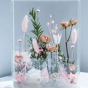 S02401 Micro paesaggio conservato muschio fiori secchi coniglietto coda cornice paesaggio in miniatura composizione floreale fai da te all'interno di una cloche