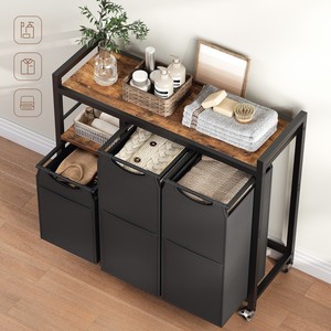 Phong cách công nghiệp giặt SORTER với <span class=keywords><strong>3</strong></span> phần, giặt <span class=keywords><strong>Hamper</strong></span> với bánh xe và kệ, lăn giặt giỏ với túi bên - Product Image 3