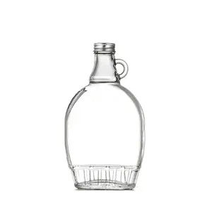 High Quality 150ml 250ml 500ml Thread Finish Empty Clear Flat Glass Maple Syrup Bottles With Small Handle