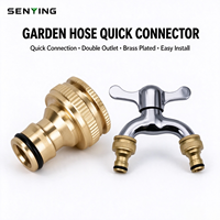 Robinet d'arrosage de jardin jaune à double sortie bidirectionnelle en acier inoxydable 1/2"-3/4" avec adaptateur de robinet, filtre d'irrigation et ensemble de raccords rapides pour tuyau