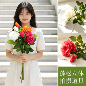 ดอกกุหลาบประดิษฐ์ ก้านเดี่ยว สีแดง กลีบดอกแบบฝ้าย ตกแต่งบ้าน งานแต่งงาน ตกแต่งวันหยุด - Product Image 3